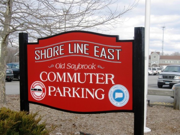 Colorful sign for Shore Line East Commuter Parking