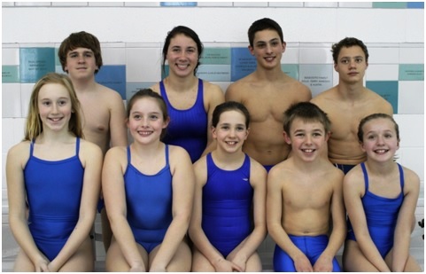 Valley Shore YMCA Age Group Qualifiers include Liam Leavy, Jessica Lee, Peter Fuchs, Nick Husted in the back row, and Anna Lang, Maddy Henderson, Kayla Mendonca, Kyle Wisialowski and Kaeleigh O’Donnell in the front row.  