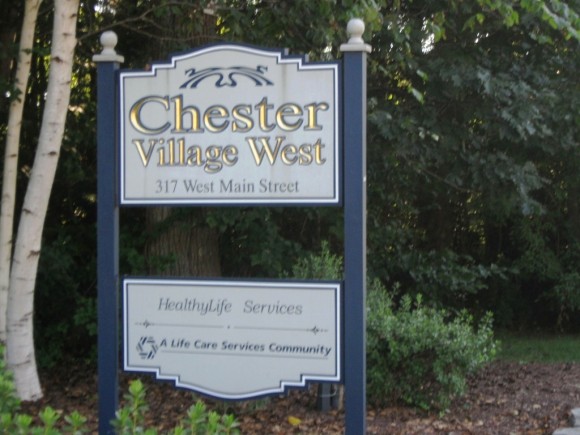 Entry sign of Chester Village West, located on the western boundary of Chester