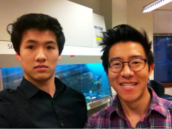Andrew Pan (left) stands with his mentor on his winning project, Yale graduate student, Jonathan Chen.