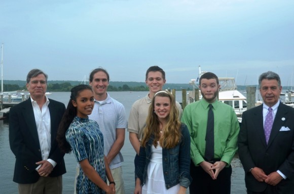 Essex Rotary Club's scholarship recipients. were honored at the club's annual meeting. From left to right, Scott Nelson (Rotary Club Scholarship Chair), Claire Halloran, Mason King, Morgan Hines, Glenn Holmes, Harrison Taylor and Jordan Wells (incoming Rotary Club president).  Absent were Allyson Clark, Emily LeGrand and Emma Weeks.