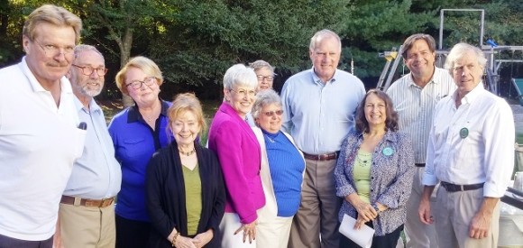 Selectman Larry Sypher; former First Selectman of Old Saybrook Roger Goodnow; P&Z candidate Jacqueline Stack; Library Board Candidate Karin Badger; Lieutenant Governor Nancy Wyman; Chairman of the Board of Finance Virginia Carmany (behind); Selectman Candidate Charlene Janecek; Attorney General George Jepson; First Selectman candidate Lauren Gister; State Representative Phil Miller and First Selectman Ed Meehan.